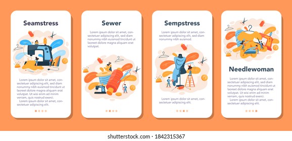 Seamstress mobile application banner set. Professional master sewing clothes. Dressmaker working on knitting machine. Creative atelier profession. Vector illustration