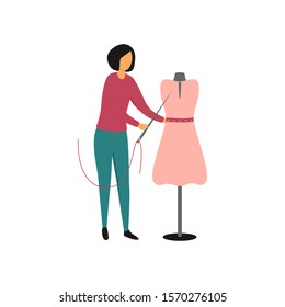 A seamstress with a needle and thread sews a pink dress on a mannequin. Worker atelier, fashion house, workshop for tailoring, sewing studio. Flat vector illustration isolated on white background.