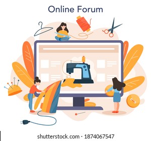 Seamstress online service or platform. Professional master sewing clothes. Dressmaker working on knitting machine. Online forum. Vector illustration