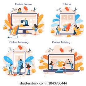 Seamstress online service or platform set. Professional master sewing clothes. Dressmaker working on knitting machine. Online forum, tutorial, learning, training. Vector illustration