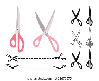 Seamstress Schere Cartoon Set. Punktierte Schneidekupon-Rand, Rabattsymbol-Schneide. Offene, geschlossene Schneide- oder Nippelkollektion. Label-Rabattzeichen. Flache Schere des Handwerks. Vektorgrafik