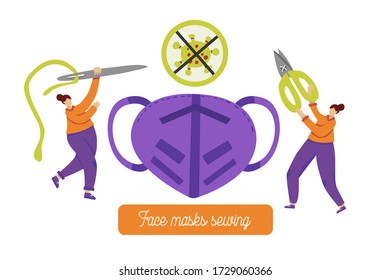 Seamstress with scissors and needle sew mask for coronavirus bacterium protection. Sewing face masks concept. Courses, tutorial, classes advertising. 
