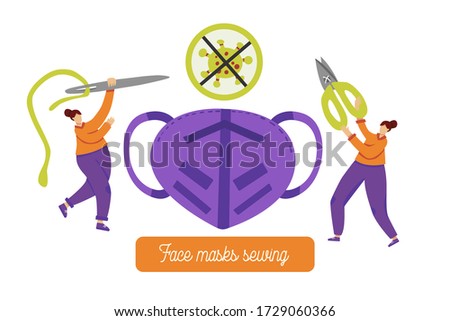 Seamstress with scissors and needle sew mask for coronavirus bacterium protection. Sewing face masks concept. Courses, tutorial, classes advertising. 