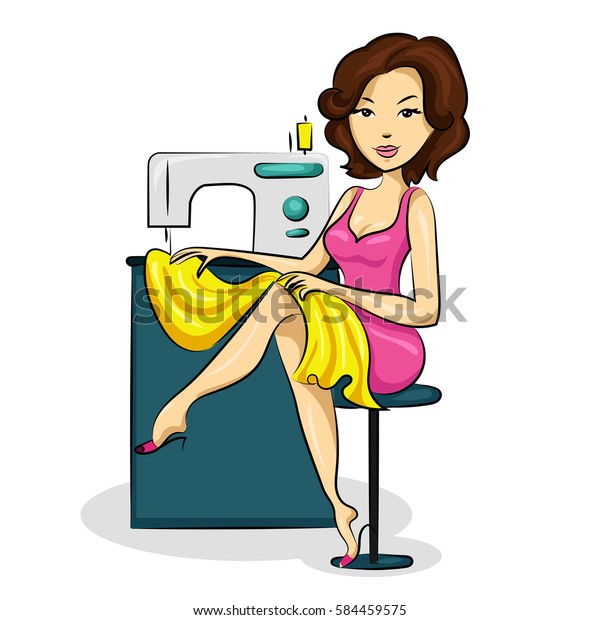 Seamstress Scribbling Yellow Dress On Sewing Stock Vector (Royalty Free ...