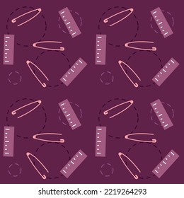 Seamstress seamless pattern design, sewing tools background template, needle pins icons, repetitive wrapping vector, tailor dressmaker illustration, tailoring ruler surface wallpaper