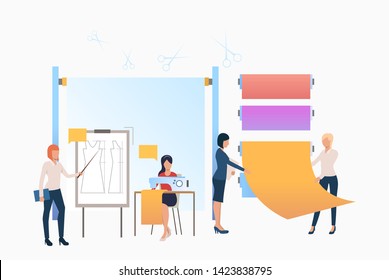 Seamstress sewing clothes and designers working in tailor shop. Tailoring, fashion, custom clothing concept. Vector illustration can be used for topics like business, sewing studio, atelier