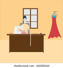 seamstress sews clothes on a light background