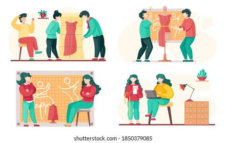 Seamstress sews clothes to order for customers. Sewing workshop scenes set. Clothing marking. The girl works in the atelier for making fashion clothes. Workers near the mannequin and dress model