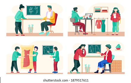 Seamstress sews clothes to order for customers. Sewing workshop scenes set. Modern atelier. The girl works in the studio for making fashion clothes. Workers near the mannequin and dress model