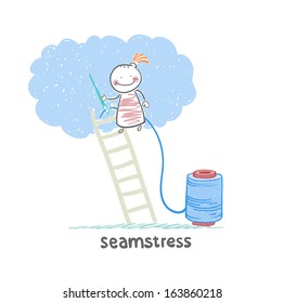 seamstress standing on a ladder and sews cloud