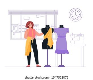 The seamstress stands near the mannequin and comes up with fashion design in the atelier, behind the window, the interior of the room, clock, table, sewing machine. Vector illustration in flat style.