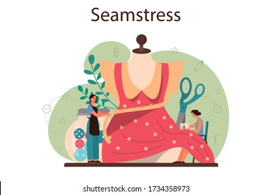 Seamstress or tailor concept. Professional master sewing clothes. Dressmaker working on knitting machine, ironing and taking measurements. Creative atelier profession. Vector illustration