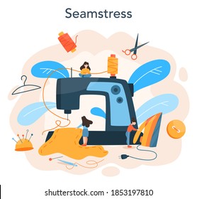 Seamstress or tailor concept. Professional master sewing clothes. Dressmaker working on knitting machine, ironing and taking measurements. Creative atelier profession. Vector illustration