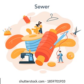 Seamstress or tailor concept. Professional master sewing clothes. Dressmaker working on knitting machine, ironing and taking measurements. Creative atelier profession. Vector illustration