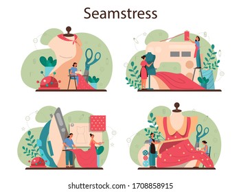 Seamstress or tailor concept set. Professional master sewing clothes. Dressmaker working on knitting machine, ironing and taking measurements. Creative atelier profession. Vector illustration