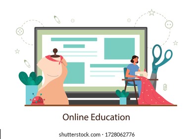 Seamstress or tailor online education platform. Professional master sewing clothes. Creative atelier profession. Vector illustration