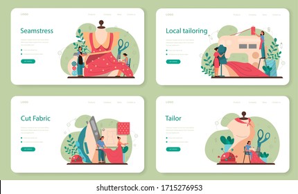 Seamstress or tailor web banner or landing page set. Professional master sewing clothes. Creative atelier profession. Vector illustration