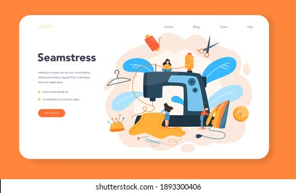 Seamstress or tailor web banner or landing page. Professional master sewing clothes. Dressmaker working on knitting machine. Creative atelier profession. Vector illustration