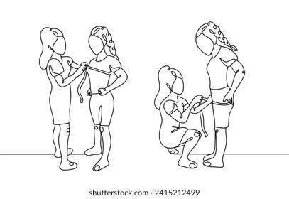 A seamstress takes measurements from a woman to sew a product. Measuring hips and bust. Vector illustration. Images produced without the use of any form of AI software at any stage. 