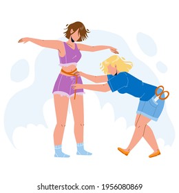 Seamstress Taking Measurement Girl Body Vector. Seamstress Measuring Size Of Young Woman For Sewing Stylish Fashion Clothes. Characters Sewer Lady And Client Flat Cartoon Illustration