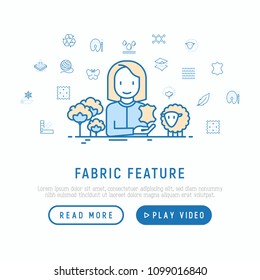 Seamstress with thin line icons of different fabric types: leather, textile, cotton, wool, waterproof, acrylic, silk, eco-friendly material, breathable material. Modern vector illustration.