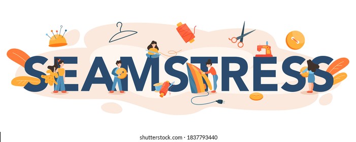 Encabezado tipográfico Seamstress. Ropa profesional maestra de costura. Fabricante de ropa que trabaja en máquinas de tejer, planchado y toma medidas. La profesión creativa de atelier. Ilustración del vector