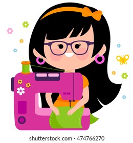 Seamstress using her sewing machine and sewing clothes. Vector illustration