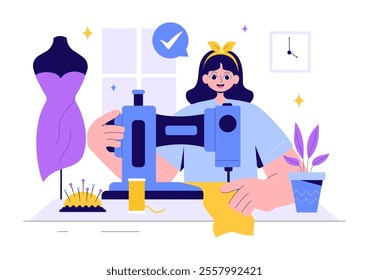 Seamstress Vector Illustration Featuring a Fashion Designer Sewing Dresses and Creating Outfits in a Tailor Shop with a Flat Style Background