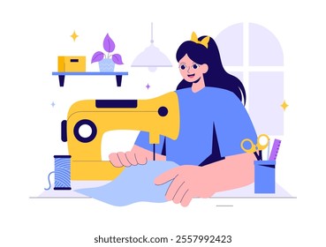 Seamstress Vector Illustration Featuring a Fashion Designer Sewing Dresses and Creating Outfits in a Tailor Shop with a Flat Style Background