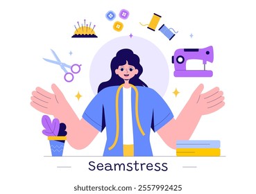 Seamstress Vector Illustration Featuring a Fashion Designer Sewing Dresses and Creating Outfits in a Tailor Shop with a Flat Style Background