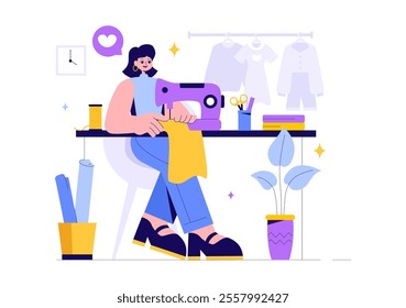 Seamstress Vector Illustration Featuring a Fashion Designer Sewing Dresses and Creating Outfits in a Tailor Shop with a Flat Style Background