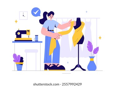 Seamstress Vector Illustration Featuring a Fashion Designer Sewing Dresses and Creating Outfits in a Tailor Shop with a Flat Style Background