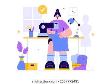 Seamstress Vector Illustration Featuring a Fashion Designer Sewing Dresses and Creating Outfits in a Tailor Shop with a Flat Style Background