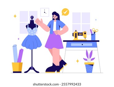 Seamstress Vector Illustration Featuring a Fashion Designer Sewing Dresses and Creating Outfits in a Tailor Shop with a Flat Style Background