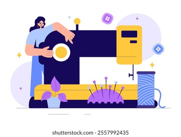 Seamstress Vector Illustration Featuring a Fashion Designer Sewing Dresses and Creating Outfits in a Tailor Shop with a Flat Style Background