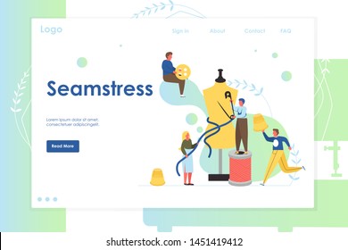 Seamstress Vector Website Template, Web Page And Landing Page Design For Website And Mobile Site Development. Sewing Workshop, Atelier, Custom Clothing With Characters Working In Tailoring Shop.