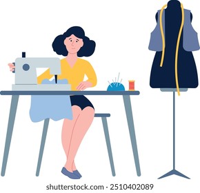 Seamstress woman. Sewing clothes character work on machine