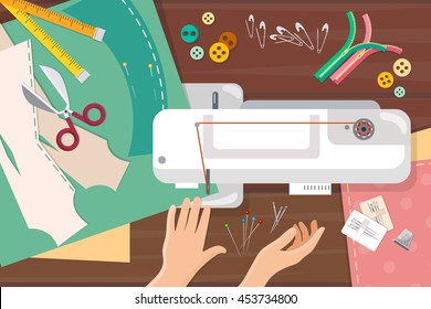 Seamstress work on sewing machine top view professional tailoring manufacture of wearing apparel vector catoon illustration 