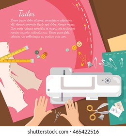 Seamstress work on sewing machine professional tailoring top view vector catoon illustration 