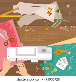 Seamstress work on sewing machine top view professional tailoring professional seamstress vector illustration 