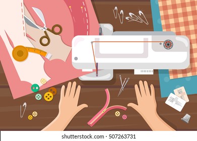 Seamstress work on sewing machine top view garment factory sewing clothes vector 