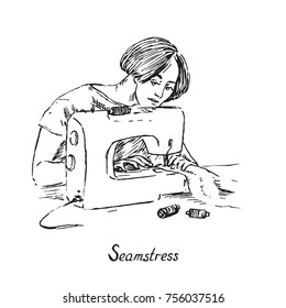 Seamstress at work with sewing machine, hand drawn doodle sketch, black and white vector illustration