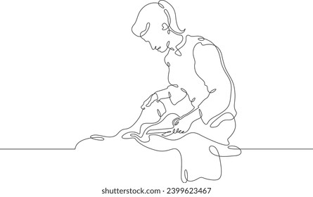 Seamstress at work in the studio. A dressmaker sews. A young woman makes clothes.One continuous line drawing. Linear. Hand drawn, white background. One line