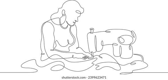 Seamstress at work in the studio. A dressmaker sews. A young woman makes clothes.One continuous line drawing. Linear. Hand drawn, white background. One line