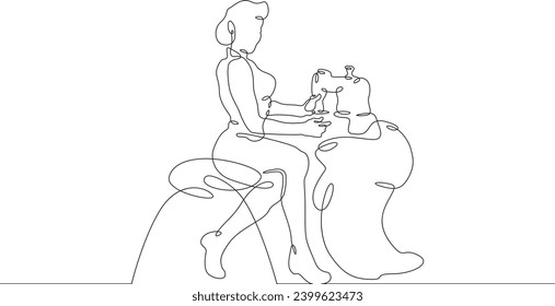 Seamstress at work in the studio. A dressmaker sews. A young woman makes clothes.One continuous line drawing. Linear. Hand drawn, white background. One line