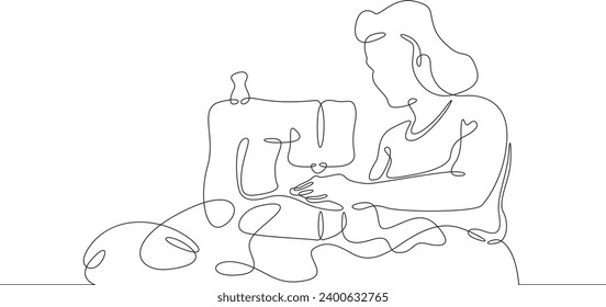 Seamstress at work in the studio. A dressmaker sews. A young woman makes clothes.One continuous line drawing. Linear. Hand drawn, white background. One line