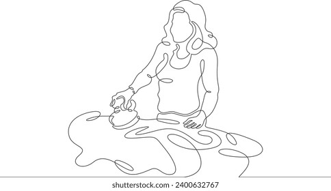 Seamstress at work in the studio. A dressmaker sews. A young woman makes clothes.One continuous line drawing. Linear. Hand drawn, white background. One line