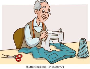 Seamstress work, tailoring. Vector illustration of a seamstress in the workplace.seamstress works on a sewing machine. 