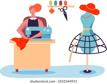 Seamstress está trabajando en una máquina de coser y creando ropa, con una forma de vestido, cinta métrica, tijeras y carretes de hilo visibles en su taller