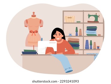 Seamstress at workplace. Woman sews clothes for atelier or boutique. Handmade jeans and pants. Modern hobby and leisure. Character in studio. Cartoon flat vector illustration